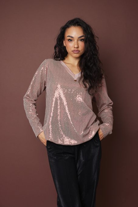 RAMI női csillogó tunika szatén V-nyakkal és megkötős aljjal,halvány rosegold csillogó,XL,Tara X Viktori,Curve Kollekció