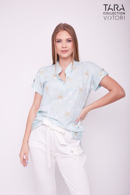 DETTINA Collared and panelled, side-slit tunic/blouse print