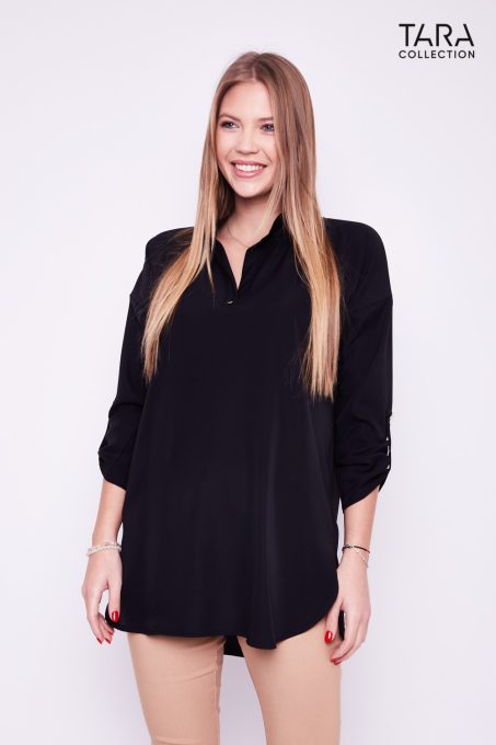 DETTINA Collared and panelled, side-slit tunic/blouse black