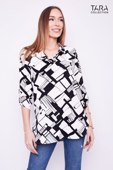 DETTINA Collared and panelled, side-slit tunic/blouse black-ecru print