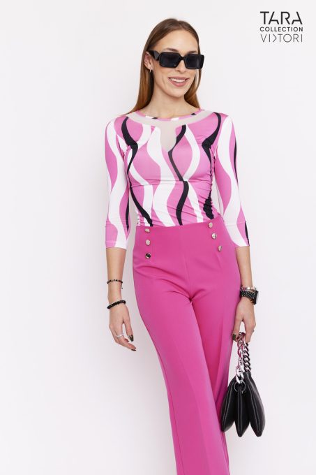 Tara Collection Női póló Y-necces rózsaszín-fehér-fekete mintás, M, polyamid