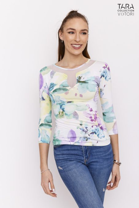 Tara Collection Női póló Y-necces virágmintás, XL, polyamid
