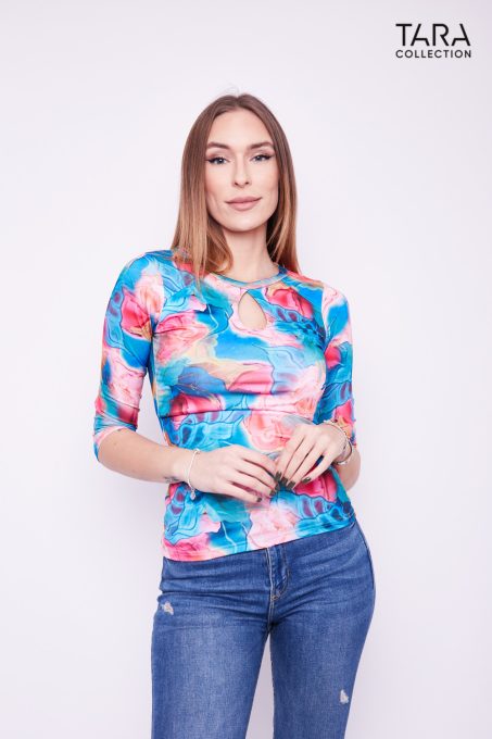 Tara Collection Női póló EMILY vállánál betétes virágmintás csepp alakú kivágással, XL, polyamid