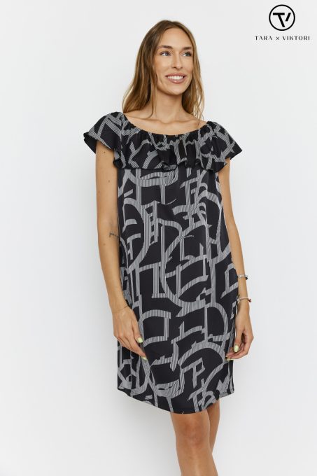Tara Collection Női ruha FLORE fodros váll nélküli fekete-mintás, L, silky