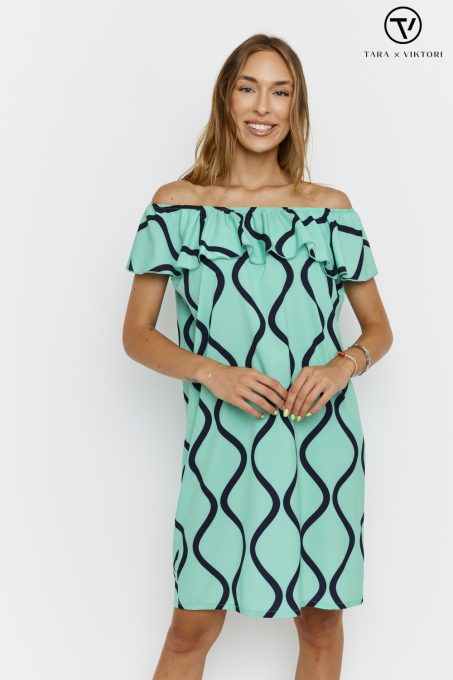 Tara Collection Női ruha FLORE fodros váll nélküli zöld-sötétkék mintás, L, silky