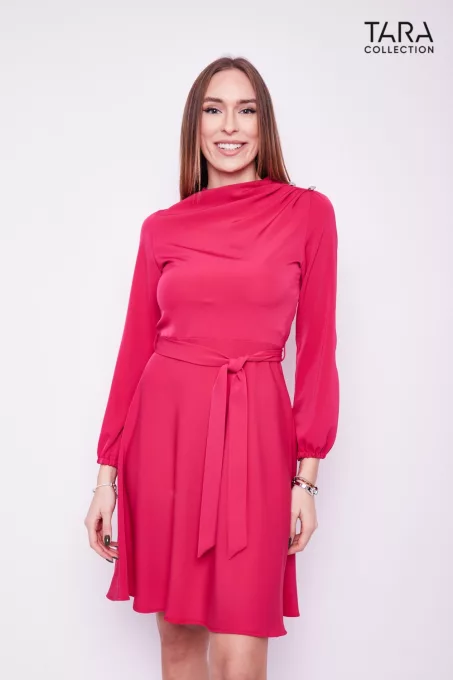 TARA Collection RIVER Gathered, high-neck A-lined tie-front dress pink