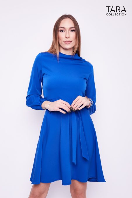 TARA Collection RIVER Gathered, high-neck A-lined tie-front royal blue