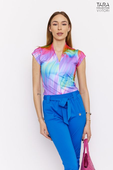 Tara Collection Női póló VIOLA mintás magas V-nyakú,  XL, polyamid