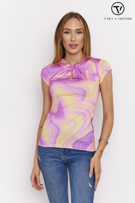 Tara Collection Női póló JASMINE rózsaszín-sárga mintás csavart nyakú, XL, polyamid