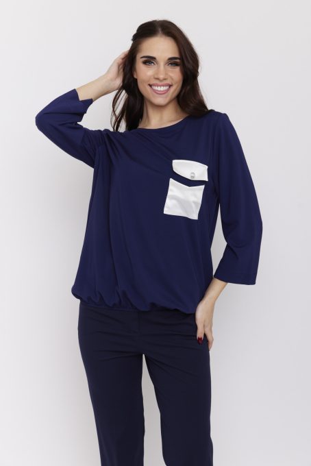 JANE női felső – gumis aljú, zsebes, csónaknyakú tunika szatén részlettel,sötétkék,S-M,CURVE Kollekció