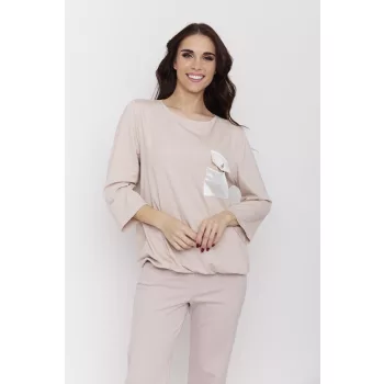   JANE női felső – gumis aljú, zsebes, csónaknyakú tunika szatén részlettel,bézs,L-XL,CURVE Kollekció