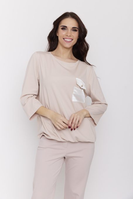 JANE női felső – gumis aljú, zsebes, csónaknyakú tunika szatén részlettel,bézs,L-XL,CURVE Kollekció
