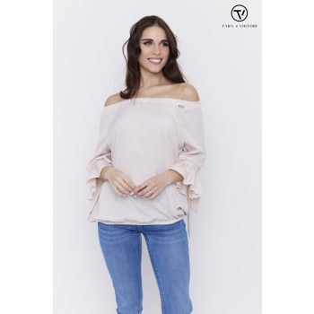   Fanni női tunika, váll nélküli, fodros ujjú, gumis aljú tunika, bézs,S-M,Tara x Viktori, Curve Fashion