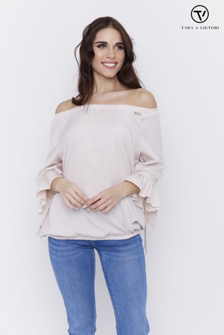 Fanni női tunika, váll nélküli, fodros ujjú, gumis aljú tunika, csillogós bézs,L-XL,Tara x Viktori, Curve Fashion