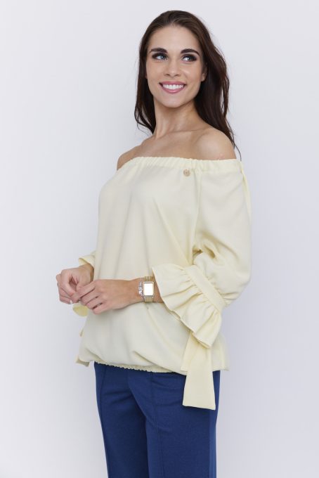 Fanni női tunika, váll nélküli, fodros ujjú, gumis aljú tunika, sárga,S-M,Tara x Viktori, Curve Fashion