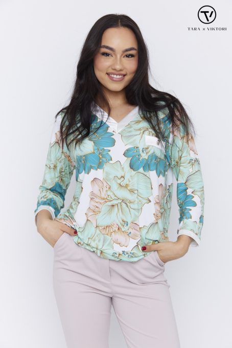 RAMI női felső, V-nyakú, megkötős aljú tunika csíkbetéttel és gombbal,mintás,M,Tara X Viktori,Curve Kollekció