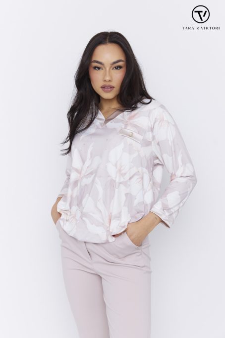 RAMI női felső, V-nyakú, megkötős aljú tunika csíkbetéttel és gombbal,mintás,M,Tara X Viktori,Curve Kollekció