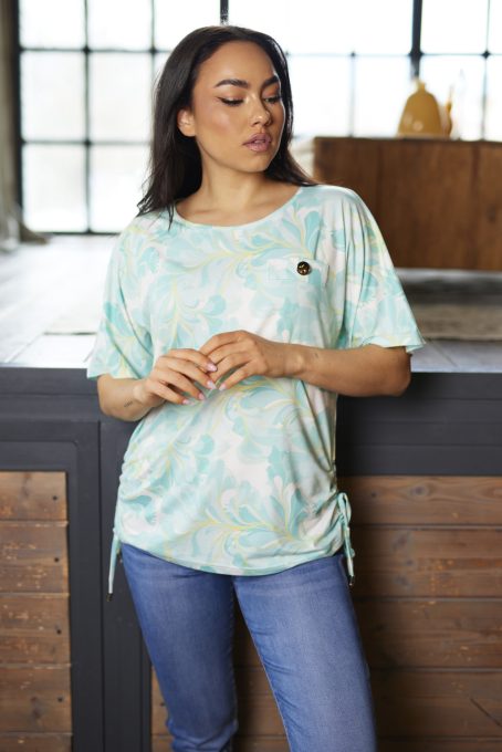 CANDE női tunika – T-ujjú, ráncolt oldalú fazon,mintás,S-M,Tara X Viktori,CURVE Kollekció