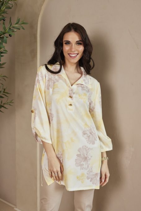 Henriett női tunika gallérral és gombos elejével, elegáns mintás dizájnnal,L-XL,Tara X Viktori