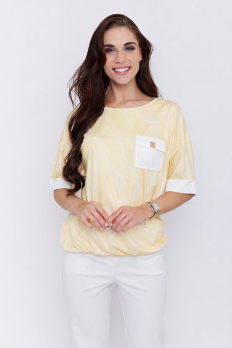 KÓKUSZ női oversized felső , zsebes, arany gombos,alján megkötős,sárga-mintás,L-XL,Curve Fashion