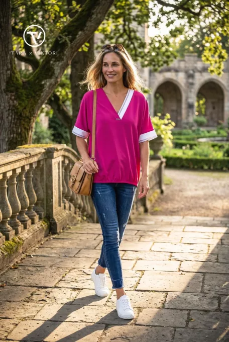 HEDDA női felső– V-nyakú, passzés, gumis aljú fazon,L-XL,pink,CURVE Kollekció