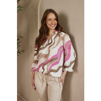   LEILA női blúz fodros ujjú V-nyakú felső,arany mintás,S-M,Tara X Viktori,Curve Kollekció