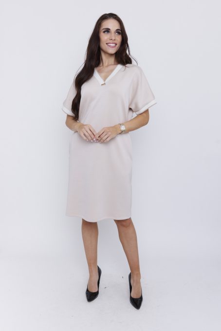 ALIDA női tunikaruha V-nyakú zsebes rövid ujjú tunikaruha,L-XL,bézs,Tara x Viktori, Curve Fashion