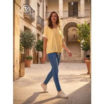   SABINE női tunika - passzés ujjú, kötős aljú, sárga-mintás,S-M,Tara X Viktori,CURVE