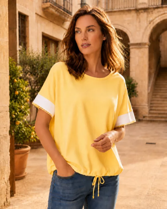 SABINE női tunika - passzés ujjú, kötős aljú, sárga,L-XL,Tara X Viktori,CURVE