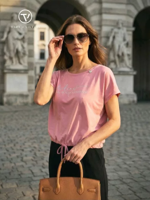 MILDA környakú tunika állítható derékmegkötővel, rózsaszín ,M,Tara X Viktori,Curve