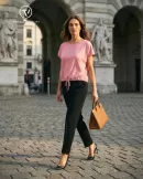 MILDA környakú tunika állítható derékmegkötővel, rózsaszín ,L,Tara X Viktori,Curve