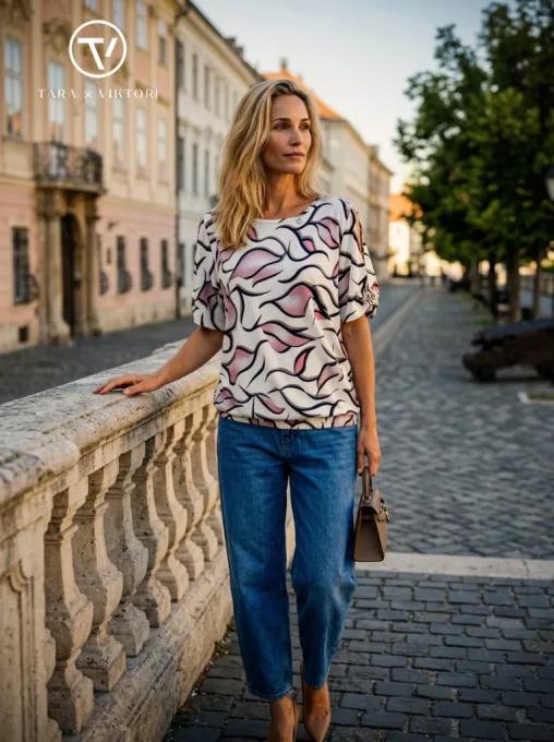 EMMY női blúz – vágott ujjú, gumis aljú,M,mintás,CURVE Kollekció