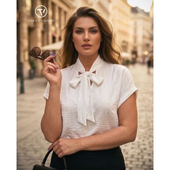   KAYDEE női tunika – masnis nyakú, elegáns fazon,L-XL,ekrü,CURVE Kollekció 