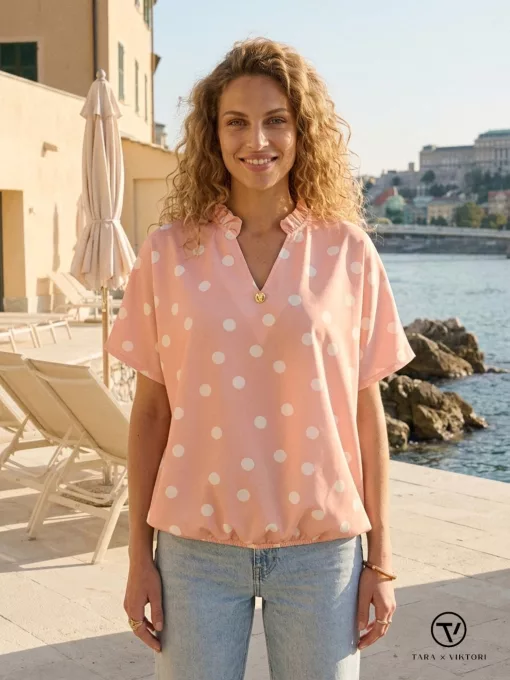 FILIPPA női tunika – fodros V-nyakú, gumis aljú, bővebb fazon,S-M,mintás,CURVE Kollekció