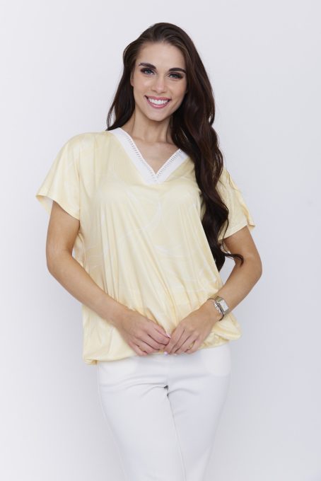 PAOLA női felső, passzés nyakú, gumis aljú tunika,sárga-mintás,L-XL,Tara X Viktori,Curve