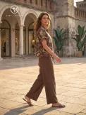 LINN női blúz– megkötős aljú, galléros,barna,S-M,CURVE Kollekció