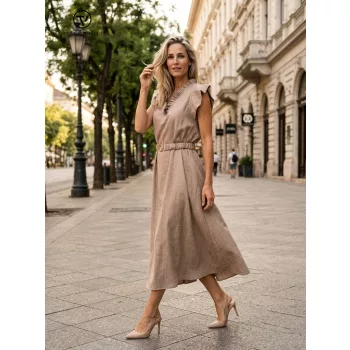   GINA women’s dress – long A-line dress with ruffled neckline and elastic belt