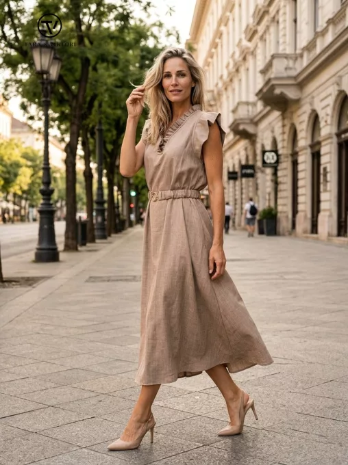 GINA women’s dress – long A-line dress with ruffled neckline and elastic belt