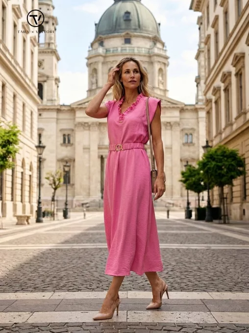 GINA női ruha – fodros nyakú, gumi öves hosszú A-vonalú ruha,pink,S-M,CURVE Kollekció