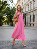 GINA női ruha – fodros nyakú, gumi öves hosszú A-vonalú ruha,pink,S-M,CURVE Kollekció