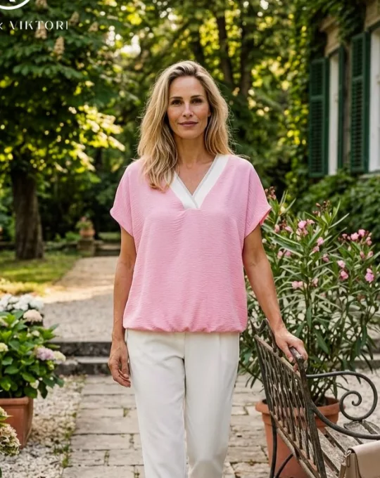 PAOLA női felső, passzés nyakú, gumis aljú tunika, rózsaszín ,S-M,Tara X Viktori,Curve