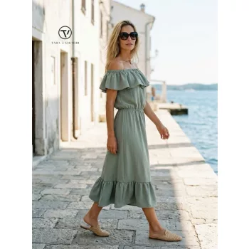   PALOMA női ruha vállrahúzós gumis vállú és derekú fazon, khaki,L-XL,CURVE Kollekció