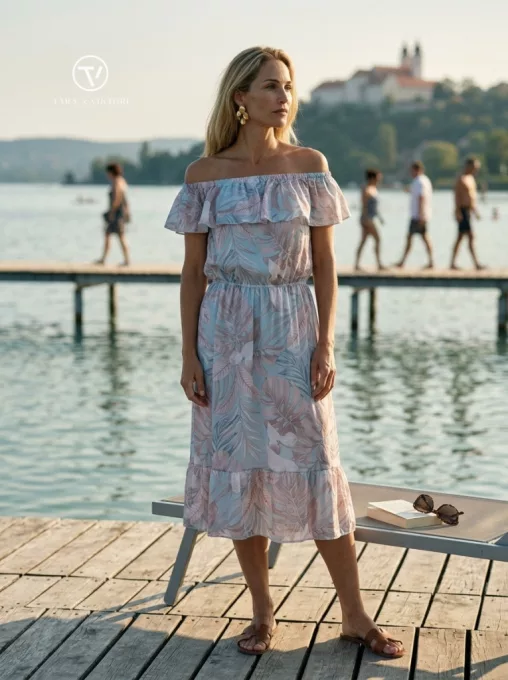 PALOMA női ruha vállrahúzós gumis vállú és derekú fazon,mintás,S-M,CURVE Kollekció