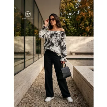   Fanny női tunika, váll nélküli, fodros ujjú, gumis aljú tunika, mintás,M,Tara x Viktori, Curve Fashion
