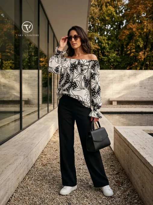 Fanny női tunika, váll nélküli, fodros ujjú, gumis aljú tunika, mintás,L,Tara x Viktori, Curve Fashion
