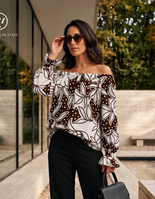 Fanny női tunika, váll nélküli, fodros ujjú, gumis aljú tunika, mintás,L,Tara x Viktori, Curve Fashion