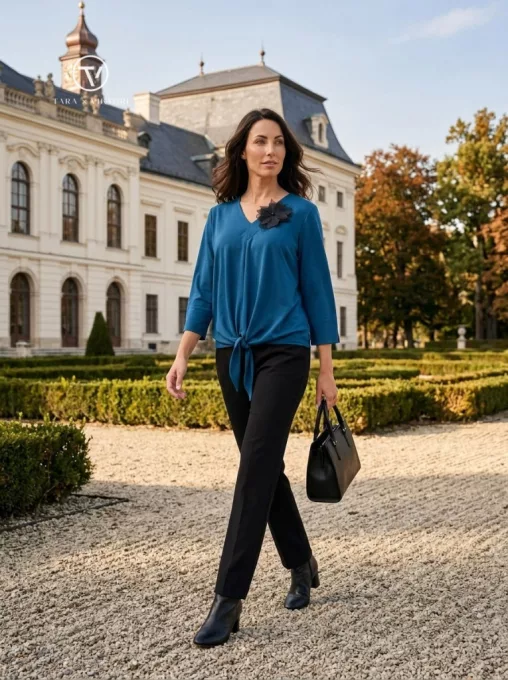 ZIA női tunika – V-nyakú, alul megkötős, virágdíszes fazon,kék,L-XL,CURVE Kollekció