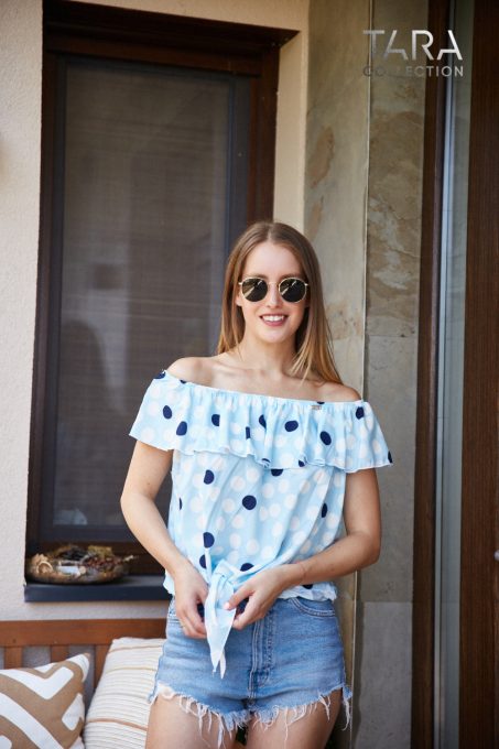 DOTTY Ruffled off-the-shoulder oversized tie-front tunic (print)