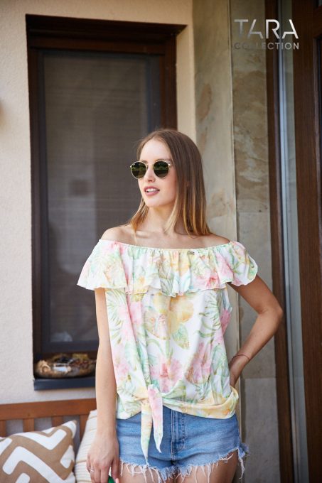 DOTTY Ruffled off-the-shoulder oversized tie-front tunic (fehér-floral print)
