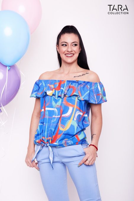 DOTTY Ruffled off-the-shoulder oversized tie-front tunic (blue-print)